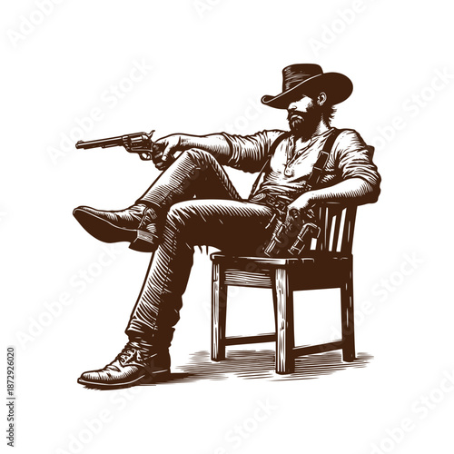 A cowboy sitting on a chair with a gun