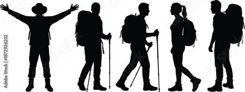 Set of black silhouettes of hikers with backpacks and trekking poles in various poses isolated on a clean white background