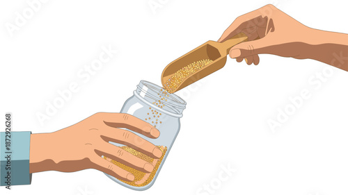 Two sets of hands are depicted, one holding a glass jar while the other uses a wooden scoop to pour granular contents into it, illustrating a common kitchen activity.
