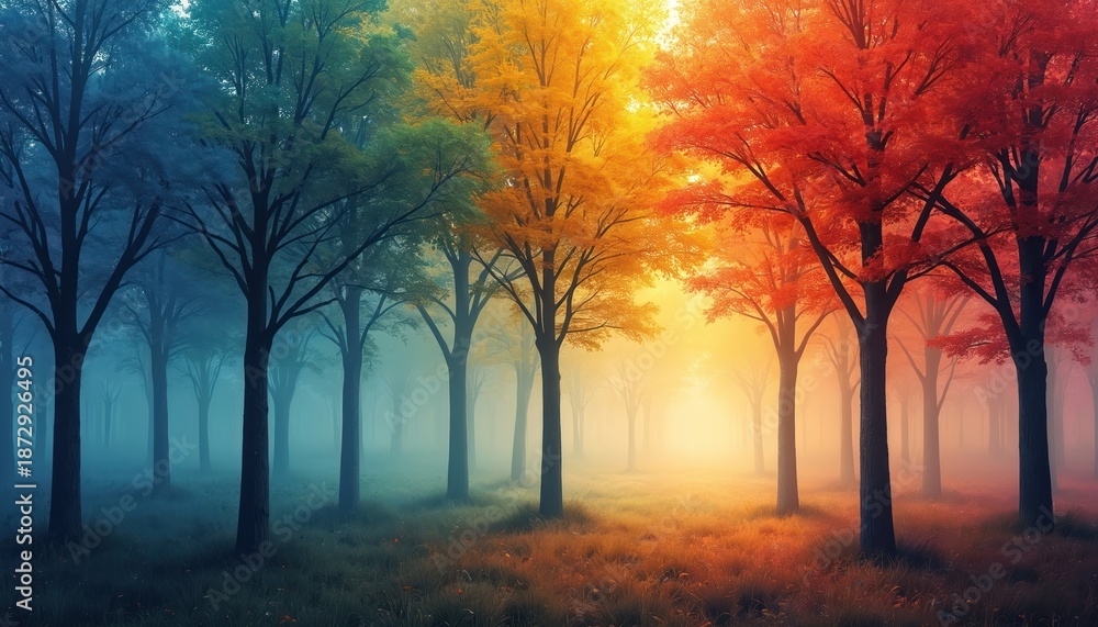 Fototapeta premium Image shows dreamy forest with colorful trees during autumn season. Abstract painting artwork presents beautiful landscape filled with various colored foliage, fog. Artistic photo for seasonal