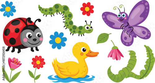 Cute cartoon insect and animal set collection with ladybug butterfly and duck vector illustration isolated on white background for spring nature