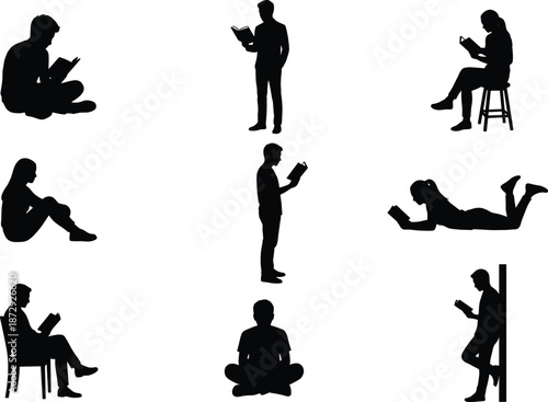 Set of black silhouettes of people reading books in various poses including sitting, standing, leaning, and lying down on white background.