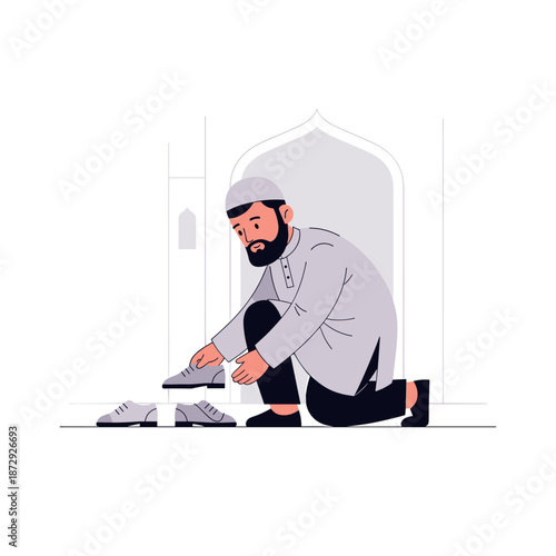 Man kneeling to remove shoes before entering Mosque for Worship Activities in serene surroundings