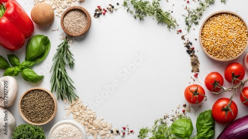 Wallpaper Mural Fresh Fruits and Vegetables with Herbs and Spices Arranged in a Circular Frame on a White Surface for Culinary or Cooking Inspiration Torontodigital.ca