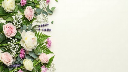 Elegant floral border with pink roses, white peonies, and fresh greenery on a cream background, ideal for text or design.