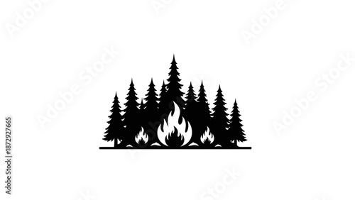 Silhouette of burning fire in the forest, vector illustration.