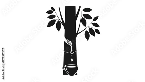Rubber tree illustration showing latex extraction into a cup, vector graphic.