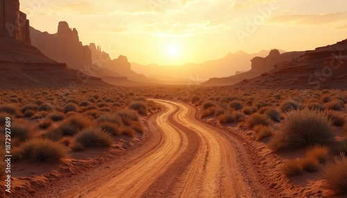 Dusty dirt road curves through barren desert plains under a warm golden sunset. Tall rock formations loom in the hazy distance. Empty landscape offers sense of journey and solitude. © miss irine