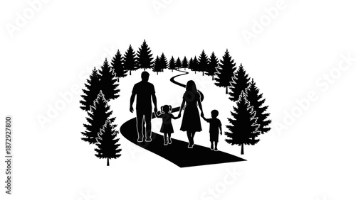 Silhouette of a family walking on a path through a forest of pine trees.