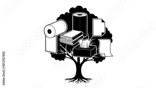 A conceptual illustration depicting the environmental impact of paper consumption and deforestation.