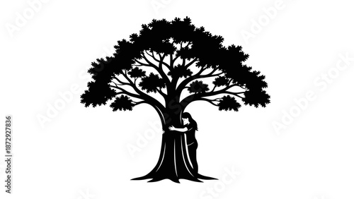 Silhouette of a person hugging a large tree, symbolizing nature conservation and environmental protection.