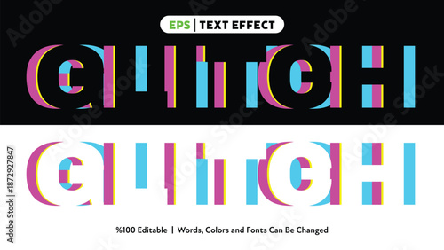Colorful glitch effect text style with overlapping cyan magenta and yellow layers on black and white backgrounds for editable vector graphic design