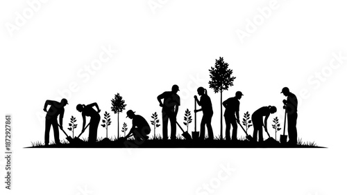 Silhouette of people planting trees in a row on white background.