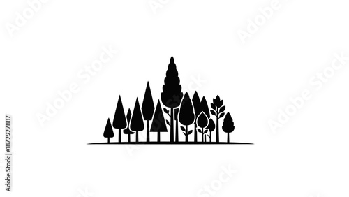 Silhouette of a forest with various trees in black and white.