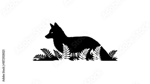 Silhouette of a fox resting in ferns, a simple black and white design.