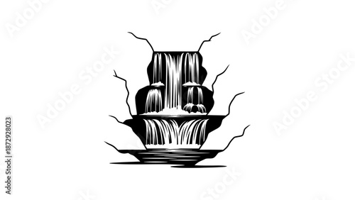 Minimalist vector illustration of a waterfall cascading over rocks in black and white.
