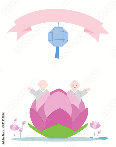 Buddha Day Background with Cute Young Monks, Lotus Flower, Ribbon Banner, and Lantern