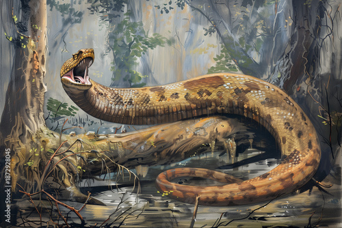 Titanoboa giant prehistoric snake illustration with open mouth and sharp fangs in a swampy ancient jungle forest environment