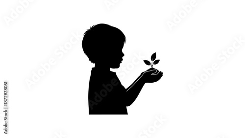 Silhouette of a child holding a small plant, symbolizing growth and environmental awareness.