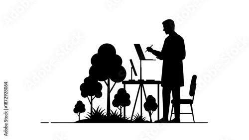 Silhouette of a man working outdoors with a laptop and nature scenery.