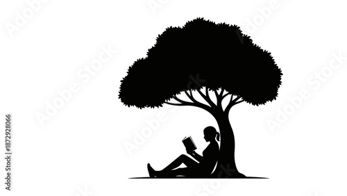 Silhouette of a woman reading a book under a tree, vector illustration.