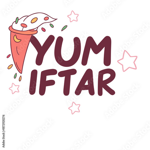 Colorful Yum Iftar logo with ice cream cone and stars
