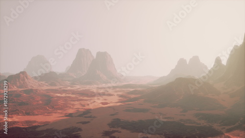 Foto Vast desert stretches across the scene, bathed in warm sunset light