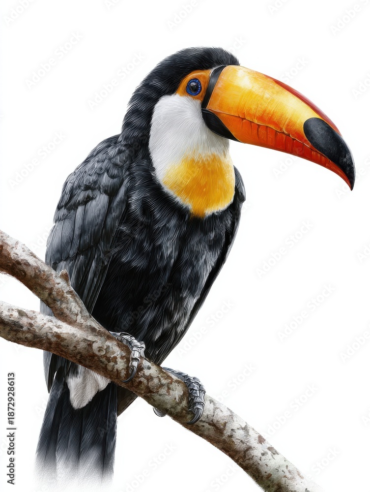 Fototapeta premium A black and yellow bird is perched on a branch