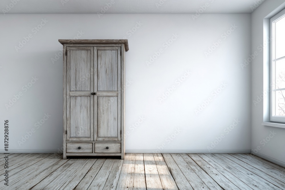 Fototapeta premium Aged wooden wardrobe stands in an empty room with a window.