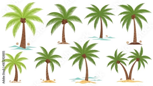 Set of vibrant palm trees on sandy beach with clear blue water