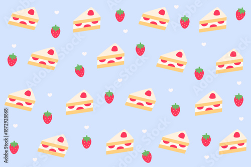 Seamless pattern of flat sliced strawberry cake paired with fresh strawberries on light blue background. Perfect for sweet dessert branding, bakery packaging, and cheerful pastel backgrounds.