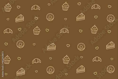 Outlined seamless pattern of cupcakes, donuts, croissants, and cake slices on dark brown background. Perfect for cozy dessert themes, bakery packaging, and cafe branding.