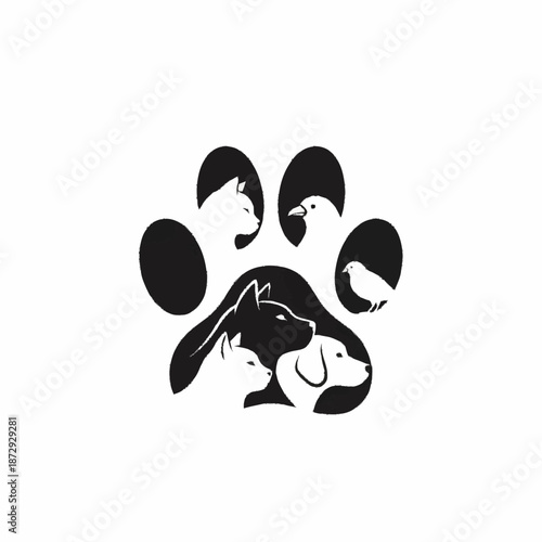 Diverse Animal Silhouettes Inside Paw Print Logo.