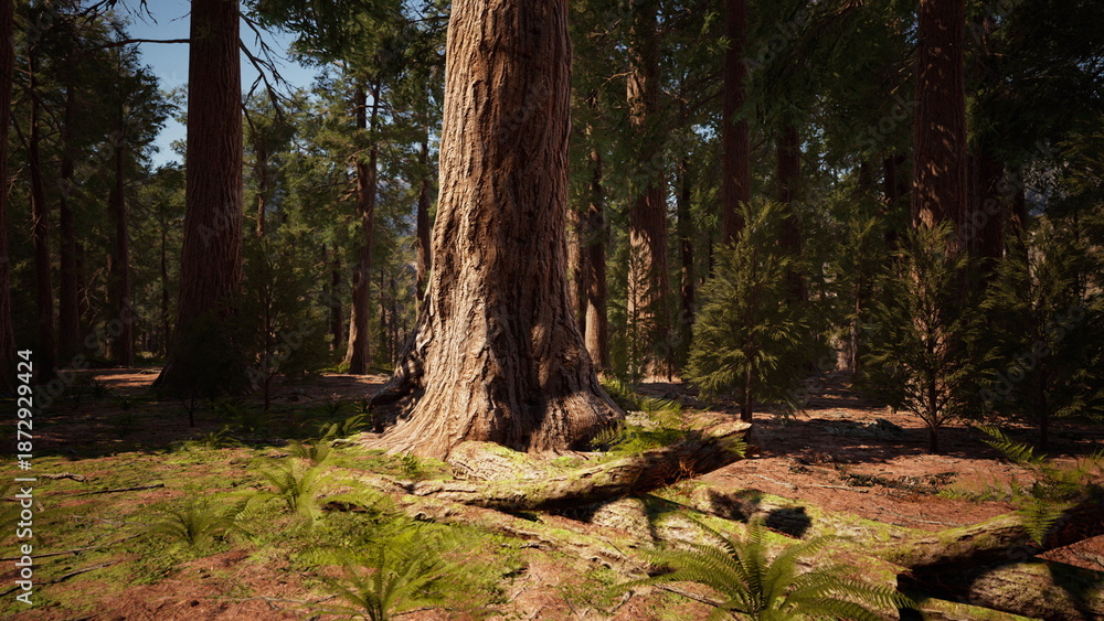 Obraz premium Sunlight filters through tall trees, highlighting the impressive trunk of a giant sequoia. Ferns and soft earth cover the forest floor, creating a peaceful and natural scene.