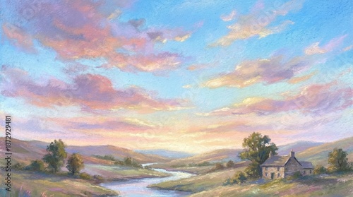Scenic summer mountain landscape featuring a lush green forest and grassy hills under a vibrant sunset and sunrise sky with clouds over the rural horizon