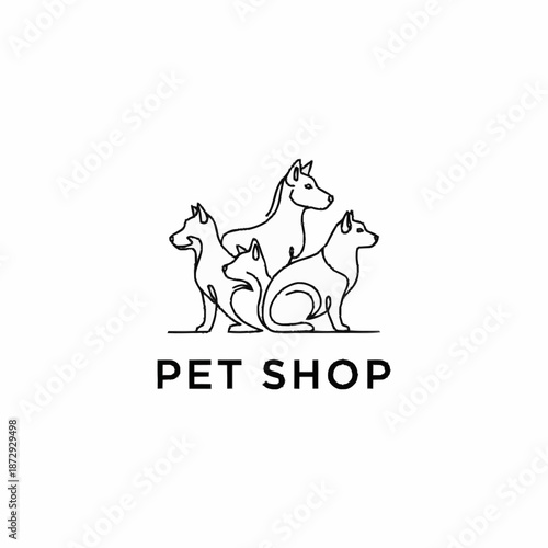 Minimalist Line Art Logo of Four Dogs and Cats for Pet Shop.