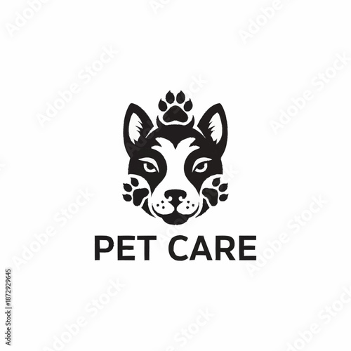 Modern Pet Care Logo Design with Dog Face and Paw Prints.