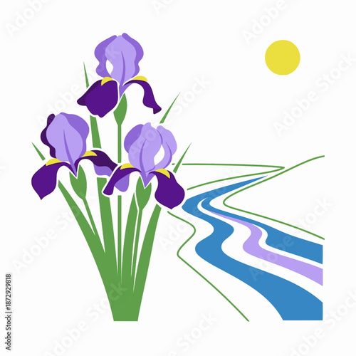 Purple irises by blue river with sun