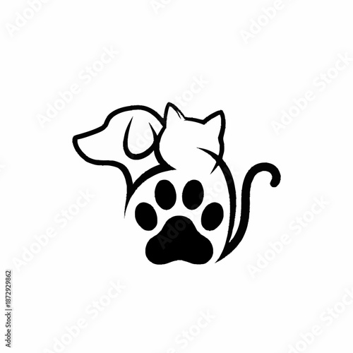 Stylized Silhouette of Dog and Cat with Paw Print.