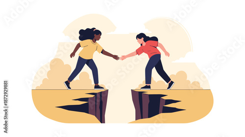 Two diverse women, one Black and one White, bridging a chasm by holding hands, symbolizing unity, collaboration, and overcoming obstacles.