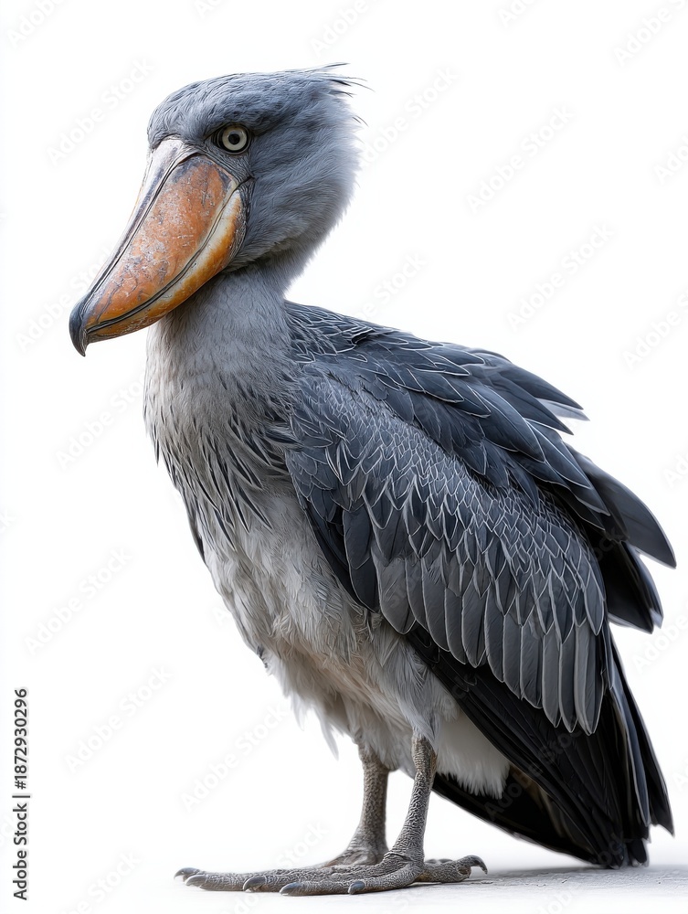 Fototapeta premium A large bird with a long beak stands on a white background
