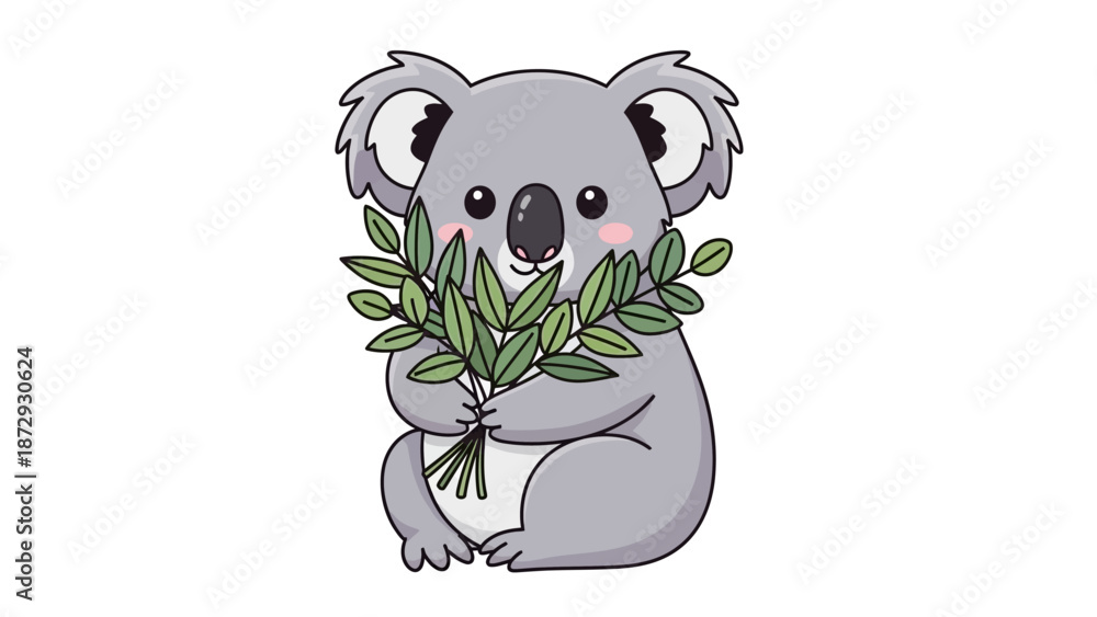 Fototapeta premium Cute cartoon koala holding eucalyptus leaves