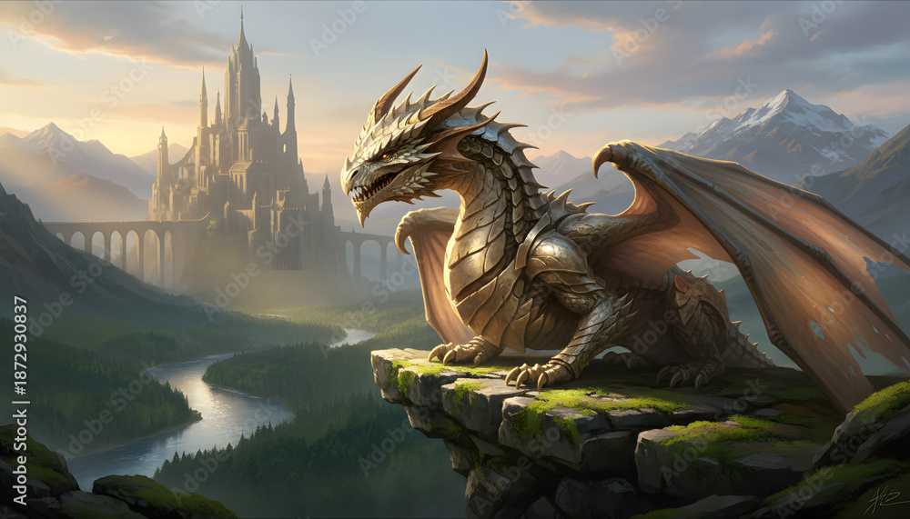 Fototapeta premium A gold dragon perched on a high rocky cliff overlooking a distant fantasy castle to serve as a dramatic background for marketing media.