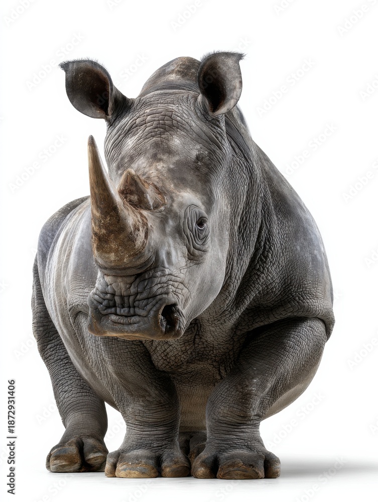 Obraz premium A rhino with a horn on its head is standing in front of a white background