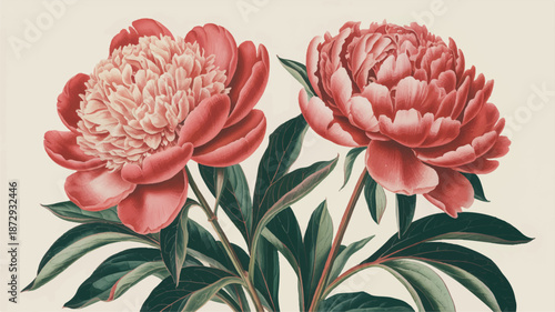beautiful pink peonies with green leaves on beige background