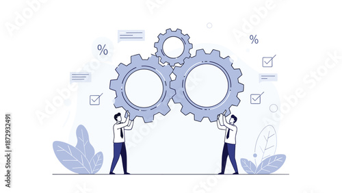 Two businessmen holding and connecting large gear wheels, symbolizing teamwork, collaboration, and the mechanics of a business process.