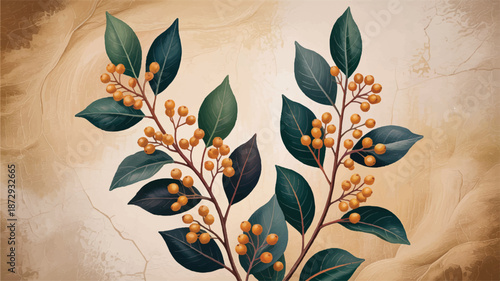 beautiful plant with green leaves and orange berries on brown background