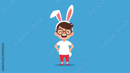 Happy young boy wearing glasses and a cute bunny ears headband, smiling cheerfully for an Easter celebration or costume party.