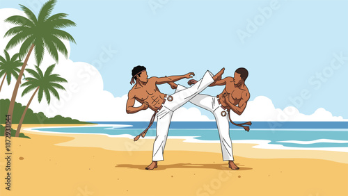 Two men practicing the Brazilian martial art of Capoeira on a tropical beach with palm trees and the ocean in the background.