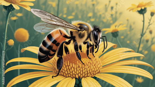 bee sitting on a yellow flower in a field of flowers